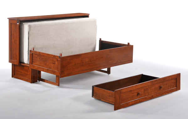 Clover Murphy Cabinet Bed Queen Size in color cherry, drawer pulled out