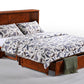Clover Murphy Cabinet Bed Queen Size in color cherry, bed fully open, right angled view with bed sheet