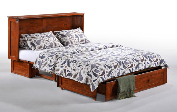 Clover Murphy Cabinet Bed Queen Size in color cherry, bed fully open, right angled view with bed sheet