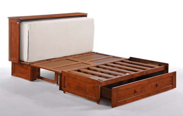 Clover Murphy Cabinet Bed Queen Size in color cherry, bed frame with open slats