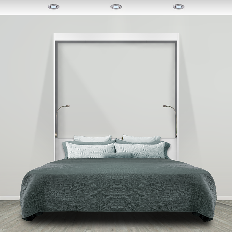 The home office Murphy bed with a desk in color white, bed pulled down
