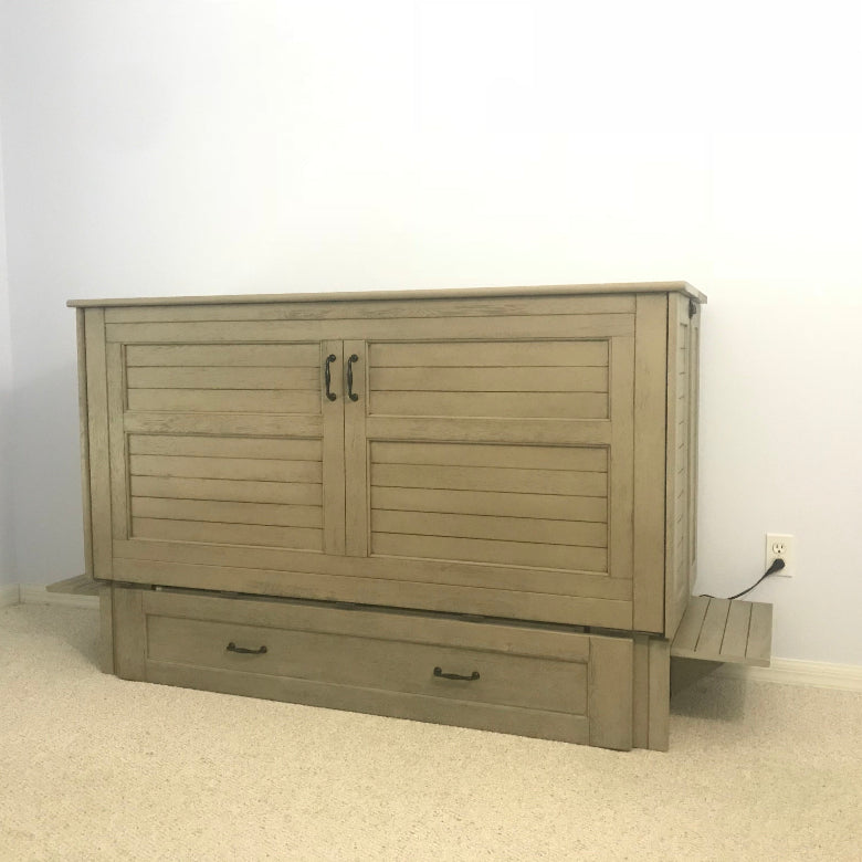 Poppy Murphy Cabinet Bed BRUSHED DRIFTWOOD FINISH Queen Size with folding trays