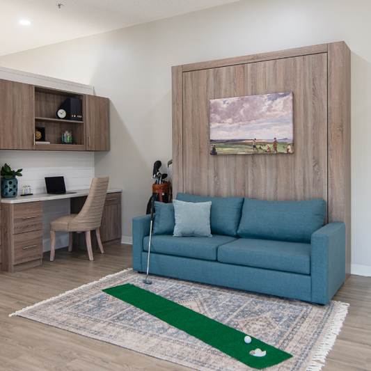 Sofa and Panel Bed Ensemble in color, right angled view, bed pulled up